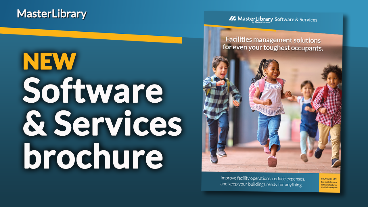 The headline "New MasterLibrary Software and Services brochure" with an inset photo of the cover against a dark blue background.