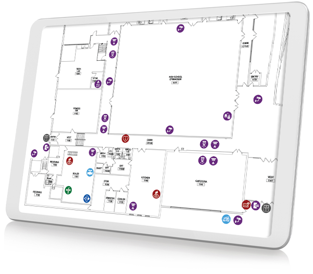 A tablet displaying an ML Drawing's screen of a Emergency Use floor plan stamped with select facility asset locations.