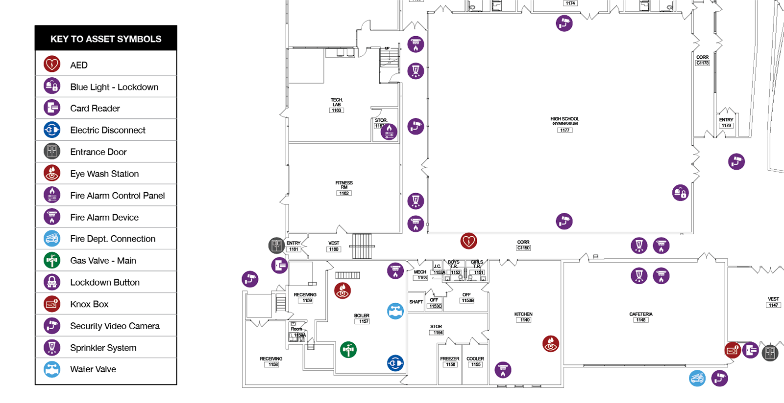 A sample building-specific Emergency Floor Plan showing the location of emergency and safety facility assets.