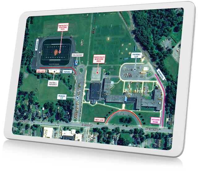 A tablet displaying an ML Drawings screen of an Emergency Response area map created with integrated annotation tools.