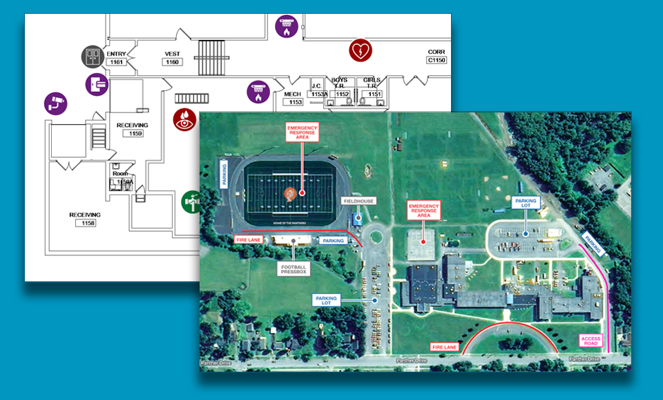 Inset images of an Emergency Use floor plan and area map developed with ML Drawings against a light blue color field.